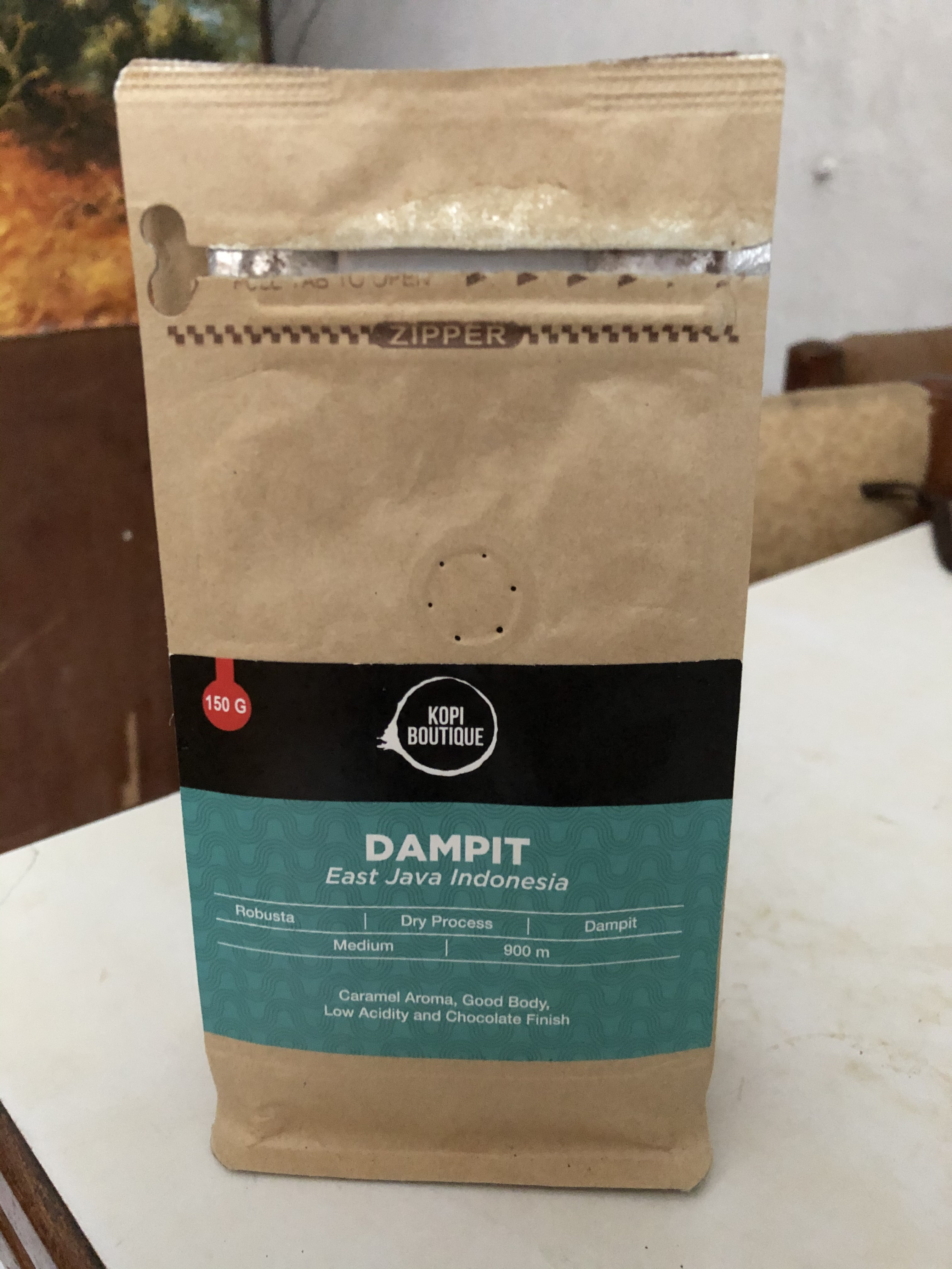 The packaging for Dampit coffee from Kopi Boutique, taken at 2020-05-31.