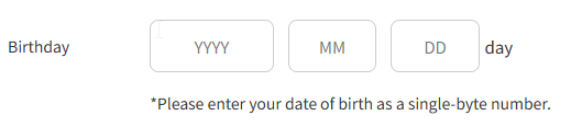 Showing date input with 'Please enter your date of birth as a single-byte number.' from Z-aN registration flow