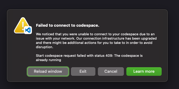 I have no idea what’s happening with the connectivity. Using a different codespace connects just fine. Rarity: SSR. Solution: New codespace.