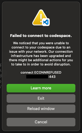 Reconnecting after the RPC no client error gives this ECONNREFUSED. Rarity: SSR. Solution: Rebuild.